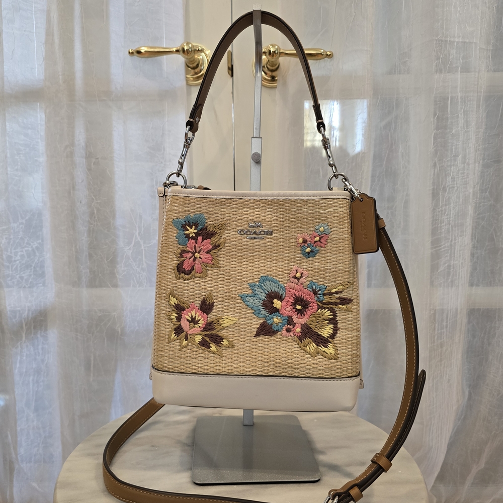 Coach Mollie Tan and Cream Floral Embroidered Bucket Bag